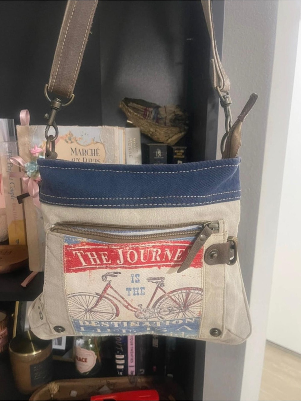 Clea Ray Canvas Crossbody Bag with Bicycle Print - Blue & Cream